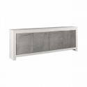 DENAE - Ensemble Séjour Complet Blanc et Gris Marbré Table 160cm + Buffet + Vitrine Leds