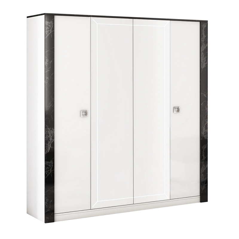 GAÏA - Armoire Laquée Blanche 4 Portes avec Miroir et Décor Latéral Aspect Marbre Noir