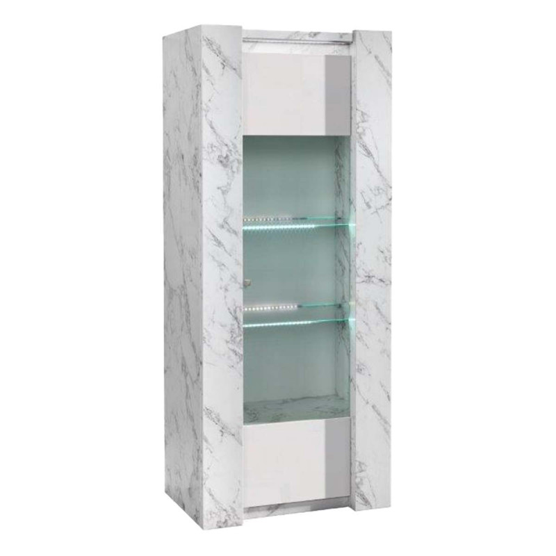 PRAVA - Vitrine 1 Porte Droite Laquée Blanc et Effet Marbre avec Leds