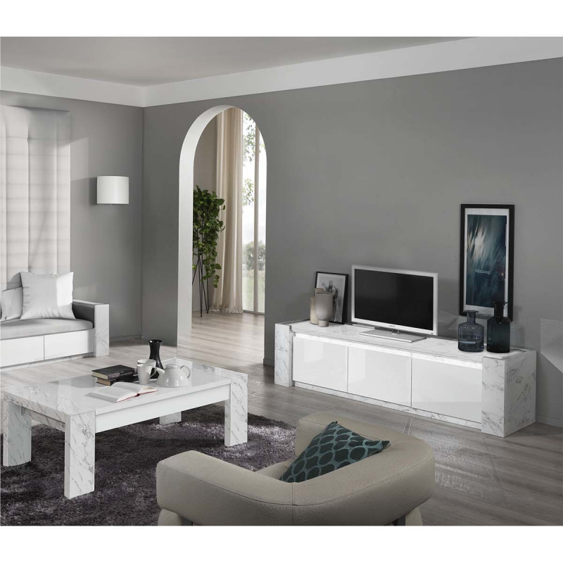 PRAVA - Ensemble Salon Blanc et Effet Marbre Meuble TV avec Leds + Table Basse