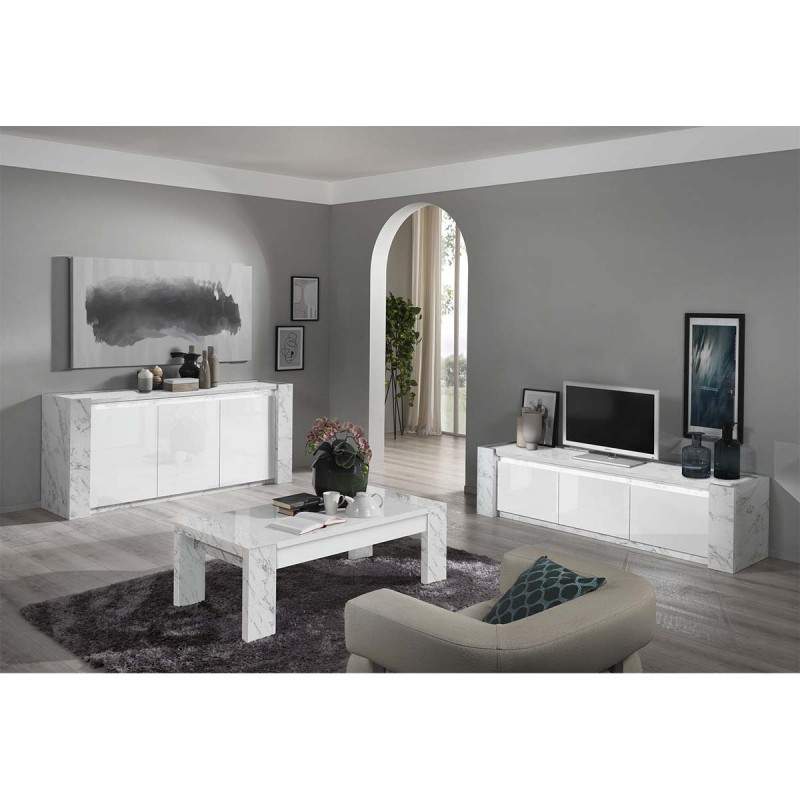 PRAVA - Ensemble Salon Blanc et Effet Marbre Meuble TV et Buffet avec Leds + Table Basse