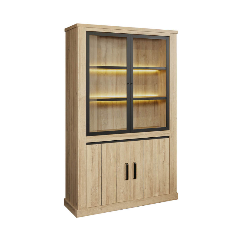 LORENZO - Argentier 4 Portes avec Leds Aspect Bois Chêne Clair Finition Frank LORENZO - Argentier 4 Portes avec Leds Aspect Bois Chêne Clair Finition Frank