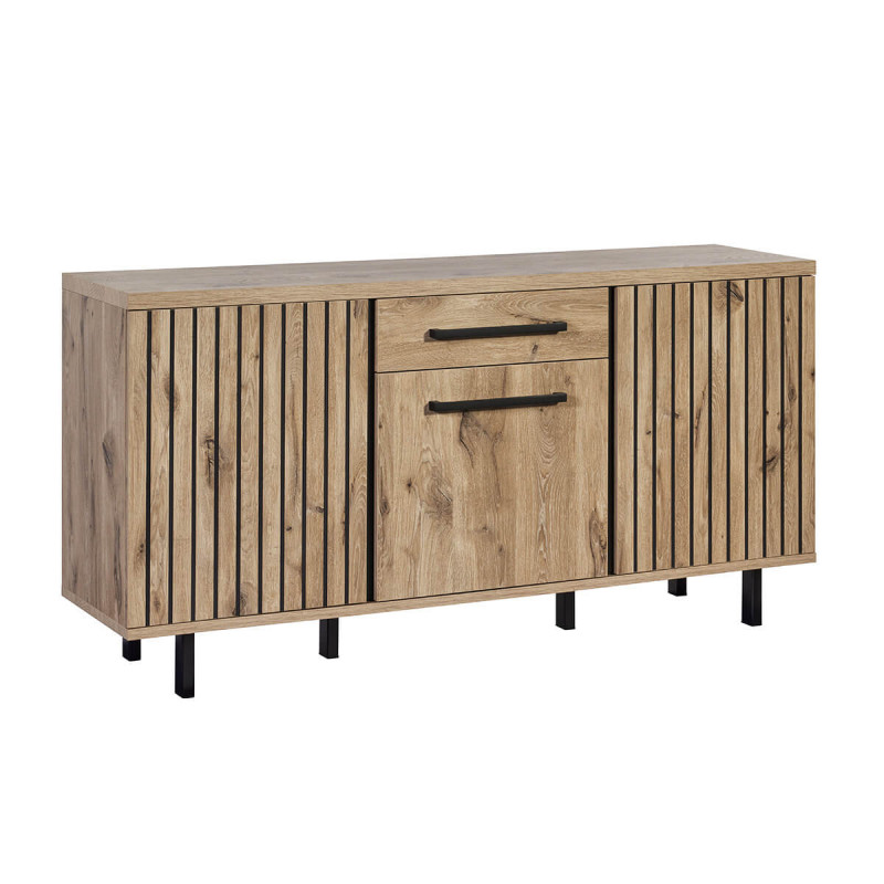 ROMY - Buffet 3 Portes 1 Tiroir Aspect Bois Finition Canyon Oak Effet Tasseaux