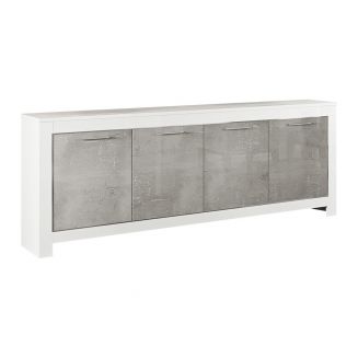 DENAE - Buffet 4 Portes L207cm Laqué Blanc Brillant et Gris Marbré