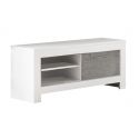 DENAE - Meuble TV 1 Porte L112cm Laqué Blanc Brillant et Gris Marbré