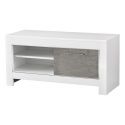 DENAE - Meuble TV 1 Porte L112cm Laqué Blanc Brillant et Gris Marbré