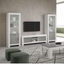 DENAE - Meuble TV 2 Portes L160cm Laqué Blanc Brillant et Gris Marbré