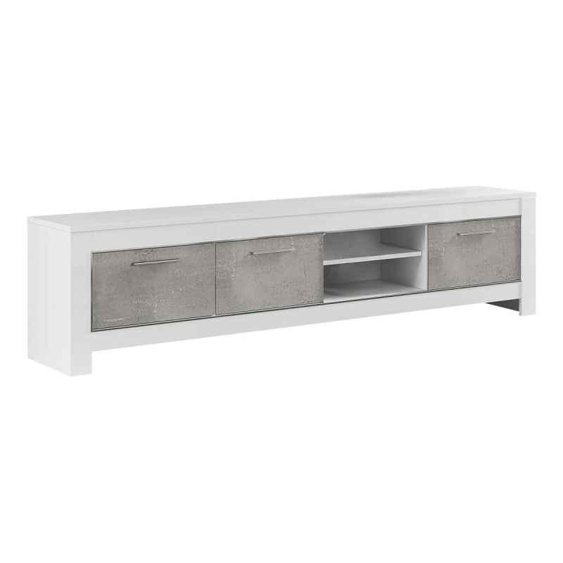 DENAE - Meuble TV 3 Portes L207cm Laqué Blanc Brillant et Gris Marbré