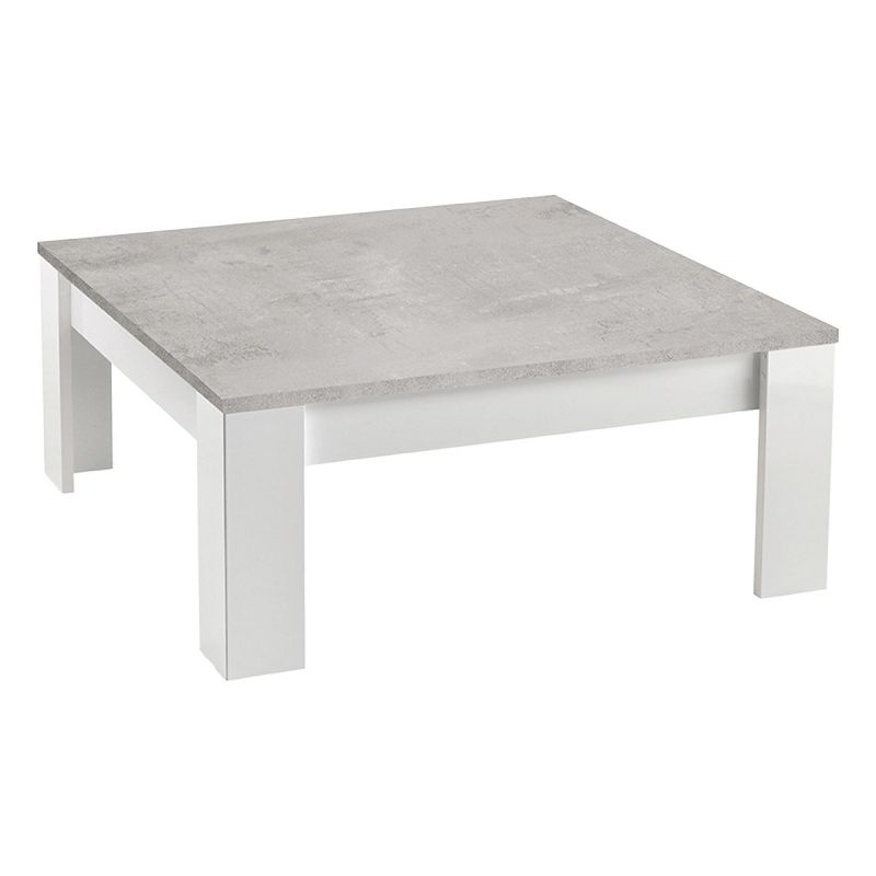 DENAE - Table Basse Carrée 100cm Laquée Blanc Brillant et Gris Marbré