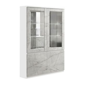 DEYTON - Vitrine 4 Portes Laquée Blanc et Gris Marbré avec Leds