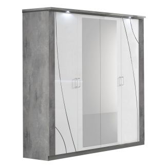 LINEAL - Armoire 4 Portes Laquée Blanc et Gris Béton Détails Chromés avec Miroirs et Leds