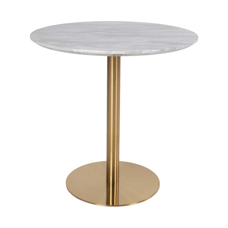 TYROL - Table Repas Ø90cm Plateau MDF Aspect Marbré et Pied Métal Doré