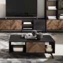 CALAX - Table Basse 1 Tiroir 2 Niches Effet Bois en Chevron et Noir