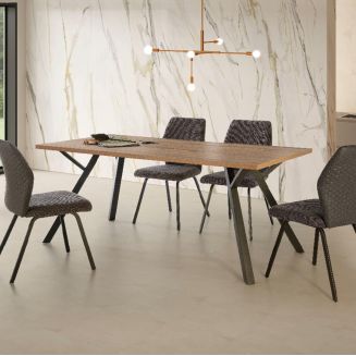 PADDY - Pack Table 160cm Effet Noyer + 4 Chaises Bi-Matière Gris Anthracite