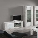 PRAVA - Meuble TV 1 Porte 150cm Laqué Blanc et Effet Marbre avec Leds