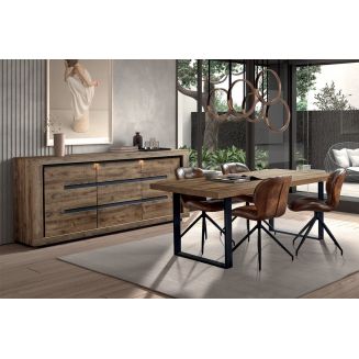 ANTONIN - Ensemble Buffet 3 Portes et Table 170 cm Aspect Bois Piètement U Métal Noir