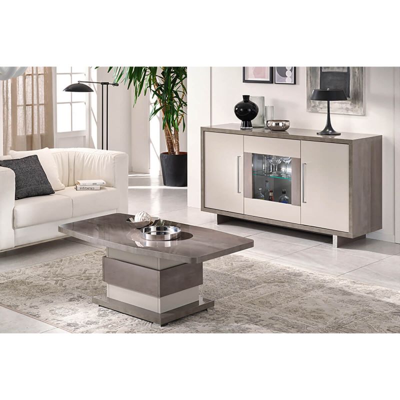 AUXANE - Ensemble Table Basse + Buffet 3 Portes Led Gris Metallisé et Mat