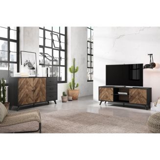 CALAX - Pack Salon Meuble TV 136cm + Buffet 2 Portes Effet Bois en Chevron