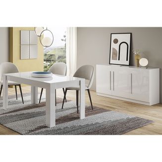 CLARK - Ensemble Séjour Laqué Blanc Table 160cm + Buffet 3 Portes