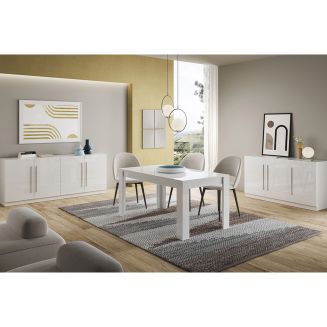 CLARK - Ensemble Séjour Laqué Blanc Table 160cm + Buffets 3 et 4 Portes