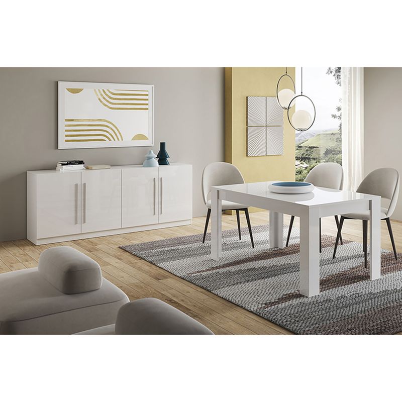 CLARK - Ensemble Séjour Laqué Blanc Table 190cm + Buffet 4 Portes