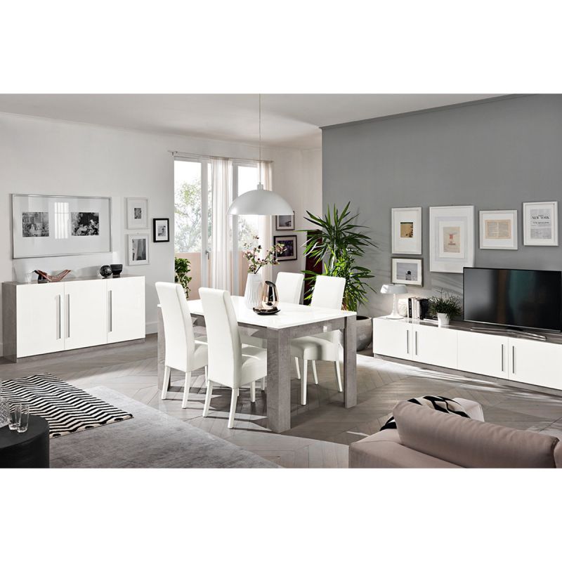 CLARK - Ensemble Salon Séjour Blanc et Marbre Meuble TV + Buffet + Table 190cm