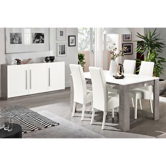 CLARK - Ensemble Séjour Blanc et Marbre Table 160cm + Buffet 3 Portes