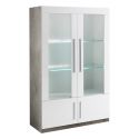 CLARK - Ensemble Séjour Blanc et Marbre Table 160cm + Vitrine 4 Portes avec Leds