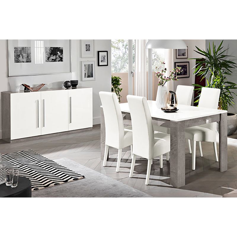 CLARK - Ensemble Séjour Blanc et Marbre Table 190cm + Buffet 3 Portes