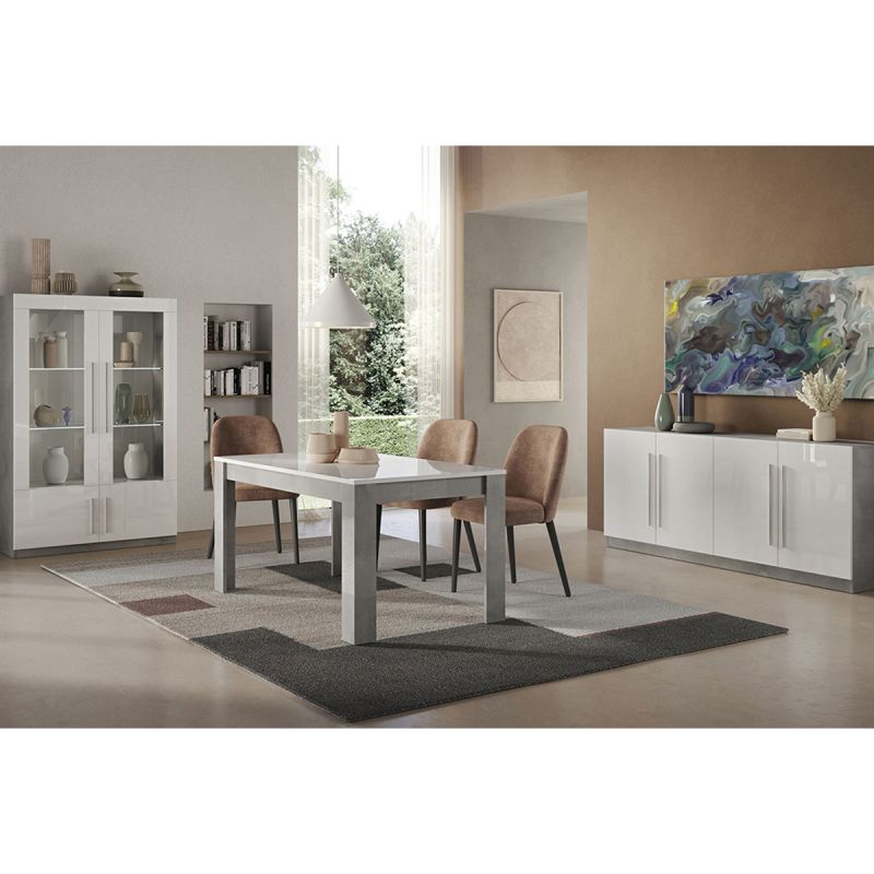 CLARK - Ensemble Séjour Complet Blanc et Marbre Table 160cm + Buffet + Vitrine avec Leds