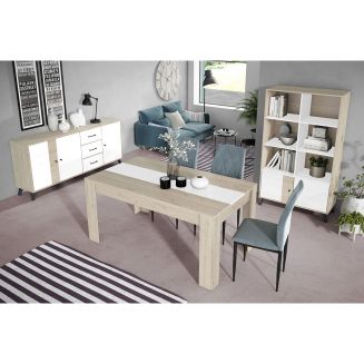 CLARIO - Pack Table Allongeable 160-220cm + Buffet + Bibliothèque Effet Bois et Blanc