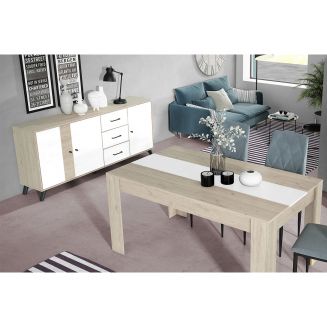 CLARIO - Pack Table Allongeable 160-220cm + Buffet 3 Portes Effet Bois Clair et Blanc