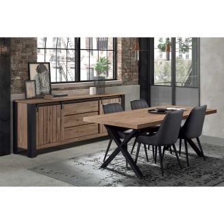 CLODIUS - Ensemble Buffet et Table 230 cm Aspect Bois Piètement X Métal Noir