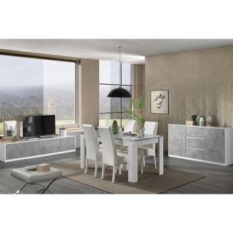 COLEOS - Ensemble Salon Séjour Blanc et Gris Béton Meuble TV + Buffet 2 Portes + Table 190cm