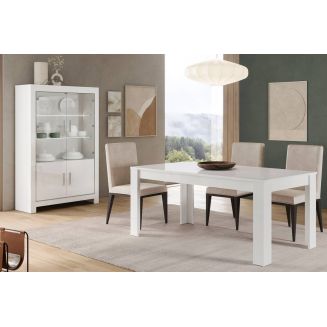 DENAE - Ensemble Séjour Laqué Blanc Brillant Table 190cm + Vitrine 4 Portes avec Leds