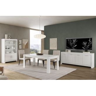 DENAE - Ensemble Séjour Complet Laqué Blanc Brillant Table 190cm + Buffet + Vitrine Leds