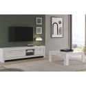 DENAE - Ensemble Salon Laqué Blanc Brillant Meuble TV 3 Portes + Table Basse Carrée