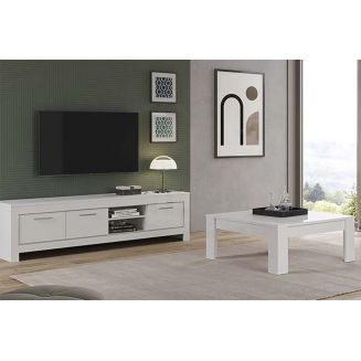 DENAE - Ensemble Salon Laqué Blanc Brillant Meuble TV 3 Portes + Table Basse Carrée