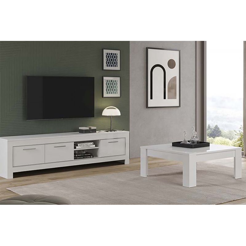 DENAE - Ensemble Salon Laqué Blanc Brillant Meuble TV 3 Portes + Table Basse Carrée