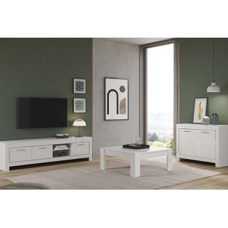 DENAE - Ensemble Salon Laqué Blanc Brillant Meuble TV + Buffet 2 Portes + Table Basse Carrée