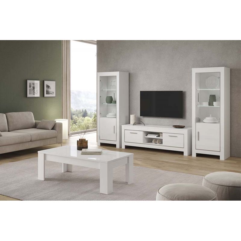 DENAE - Ensemble Salon Complet Laqué Blanc Brillant Meuble TV + Table Basse + Vitrines Leds