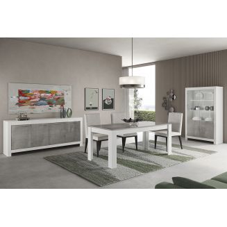 DENAE - Ensemble Séjour Complet Blanc et Gris Marbré Table 190cm + Buffet + Vitrine Leds