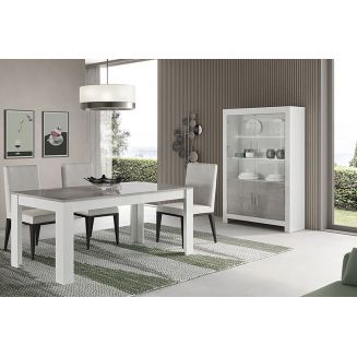 DENAE - Ensemble Séjour Blanc et Gris Marbré Table 190cm + Vitrine 4 Portes avec Leds