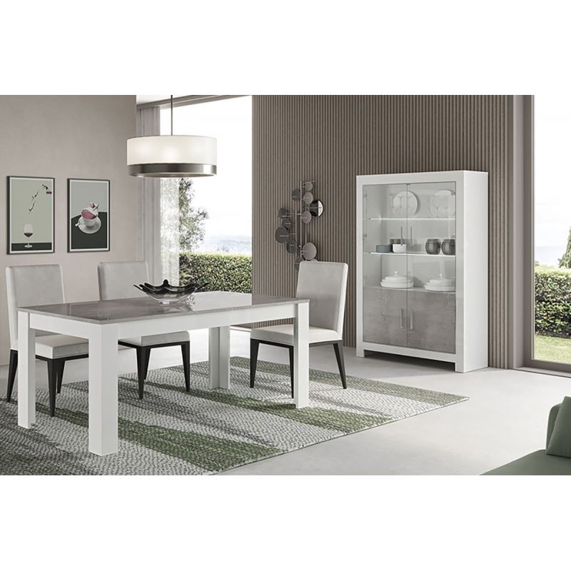 DENAE - Ensemble Séjour Blanc et Gris Marbré Table 190cm + Vitrine 4 Portes avec Leds