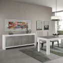 DENAE - Ensemble Séjour Blanc et Gris Marbré Table 190cm + Buffet 4 Portes