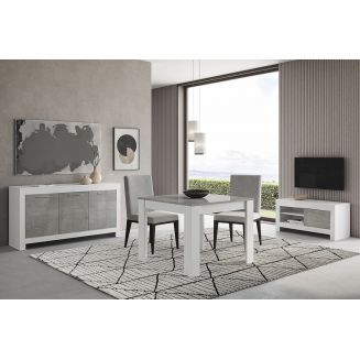 DENAE - Ensemble Salon Séjour Blanc et Gris Marbré Meuble TV + Buffet 3 Portes + Table 100cm