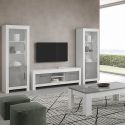 DENAE - Ensemble Salon Complet Blanc et Gris Marbré Meuble TV + Table Basse + Vitrines Leds