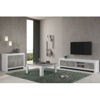 DENAE - Ensemble Salon Blanc et Gris Marbré Meuble TV + Buffet 2 Portes + Table Basse Carrée