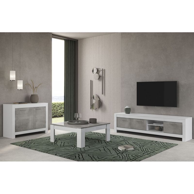 DENAE - Ensemble Salon Blanc et Gris Marbré Meuble TV + Buffet 2 Portes + Table Basse Carrée