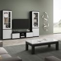 DEYTON - Ensemble Salon Complet Laqué Noir et Blanc Meuble TV + Vitrines avec Leds + Table Basse 138cm